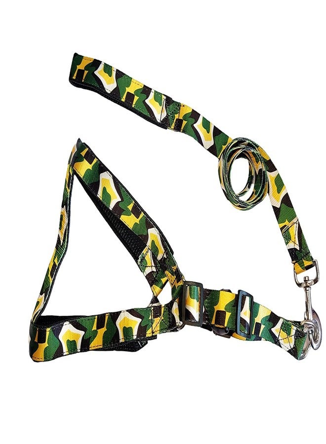 KittuPet طقم سرج ومقود KittuPet مطبوع من البوليستر، مبطن وقابل للتعديل، مانع للاختناق، مع مقود بطول 5 أقدام، مناسب للكلاب متوسطة وكبيرة الحجم، سرج مبطن مطبوع، مقود بطول 5 أقدام، لون أخضر مموه - Image 1